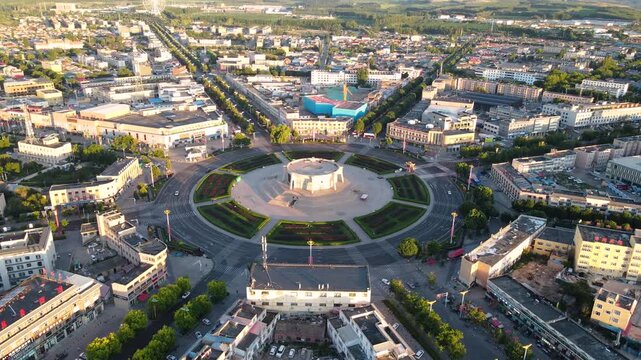 Morning Aerial View of Bagua City Streets in Tekes County, Yili, Xinjiang, China