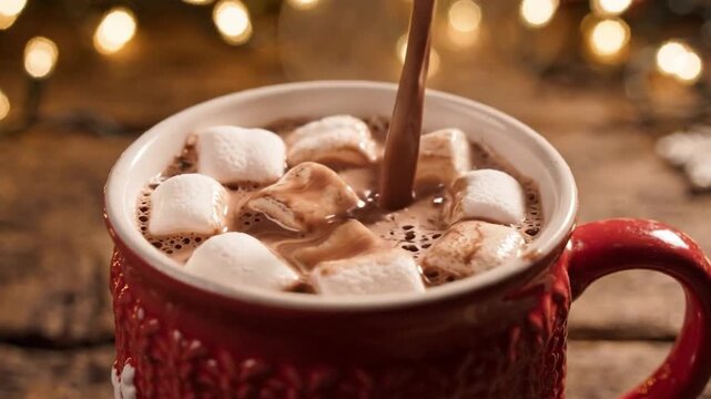 Festive red mug with melting marshmallows on rustic wood, slow cinematic push-in as rich hot chocolate pours, warm holiday lighting, satisfying tactile comfort.