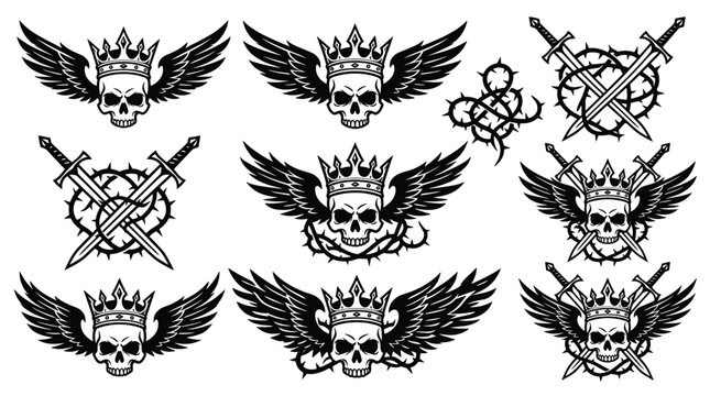 Set of winged skull emblems with crowns and swords.