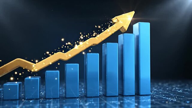 Blue 3D bar chart with rising gold arrow.