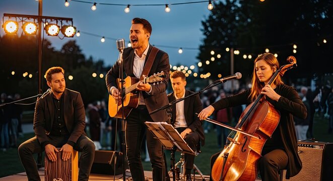 Musical band performing live on outdoor stage at night.