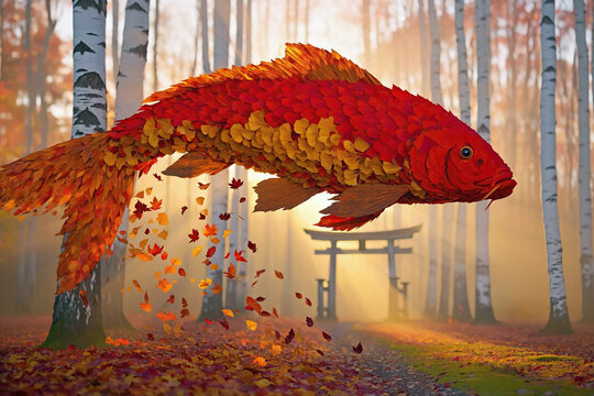 Surreal fish made of vibrant autumn leaves floats gracefully through a misty birch forest. Its tail sheds small leaves over a path leading toward a traditional Japanese torii gate