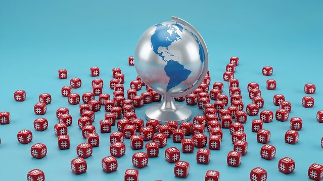 Globe surrounded by red dice. Global business risk concept with world map and game cubes.