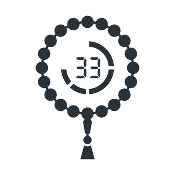Islamic prayer beads icon with number 33, tasbih subha vector illustration, religious dhikr counter for ramadan design