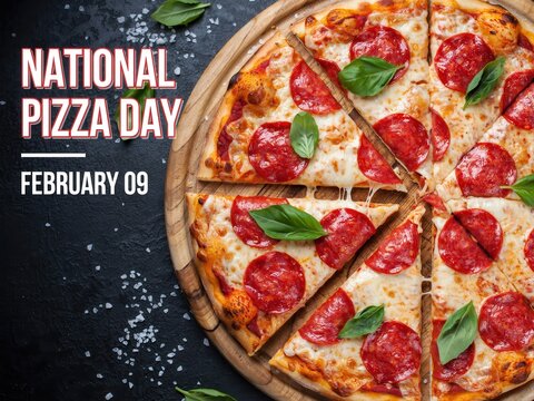 National Pizza Day on February 9th with Pepperoni Pizza Slices on Wooden Board