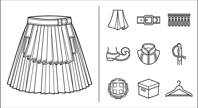 Scottish Kilt Design Set with Traditional Accessories Line Art