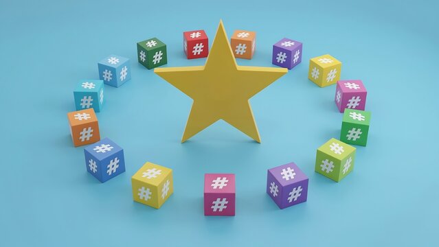 Yellow star with colorful hashtag cubes. Social media engagement and viral content concept.