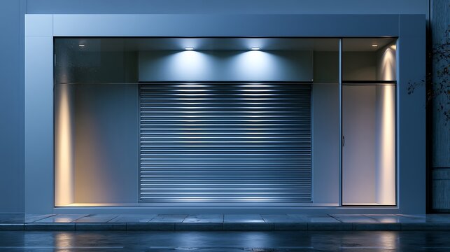 modern storefront with closed metal shutter and spotlight