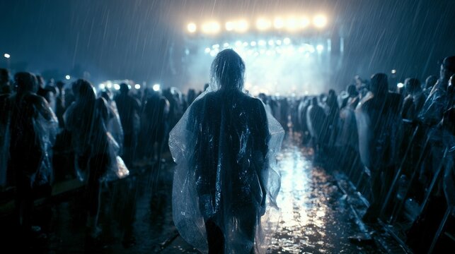 Concertgoers in ponchos brave heavy rain at an outdoor music festival stage