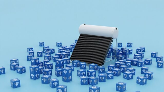 Solar water heater with blue icons. Renewable energy concept with sustainable technology.