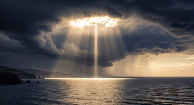 Dramatic sun rays piercing through dark storm clouds over sea.
