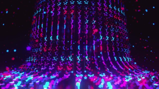 Seamless VJ loop with glowing neon stars abstract structure and psychedelic motion for high-tech club visuals, electronic music festivals, stage screens and for LED video walls