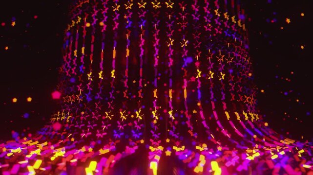 Seamless VJ loop with glowing neon stars abstract structure and psychedelic motion for high-tech club visuals, electronic music festivals, stage screens and for LED video walls
