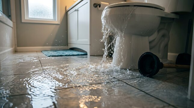 Overflowing toilet flooding a bathroom floor with water