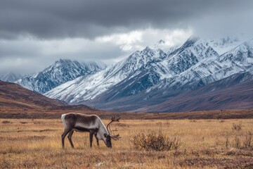 Fototapeta premium Reindeer grazes in golden tundra field below majestic snow-capped mountains and cloudy sky