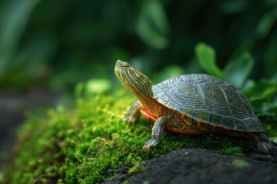 A painted turtle with a vibrant shell resting on lush green moss in a natural setting