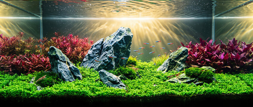 Vibrant freshwater planted aquarium aquascape with fish, driftwood and colorful aquatic plants