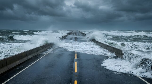 Coastal road destroyed by powerful storm waves under a dark, threatening sky, depicting natural disaster