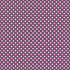 Seamless repeating pattern of pink, magenta and lilac polka dots of varying sizes on a dark plum background, ideal for fabric, packaging and design. © Adriano