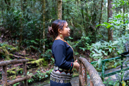 Side view of young girl with a traditional Kadazan Dusun Attire Sinombayaka Pinolongon Kinilong from Ranau