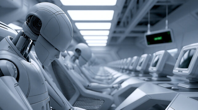 Humanoide Roboter sitzen an futuristischen Arbeitsstationen in hellem Raum