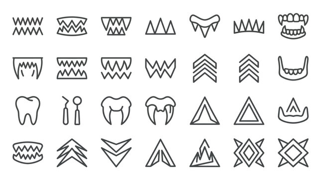 Abstract teeth and mountain geometric line icon set.