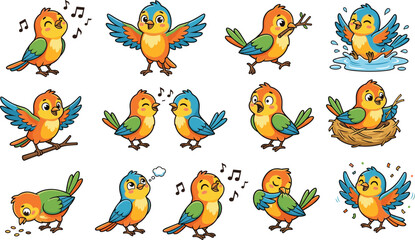 Fototapeta premium Cute Cartoon Bird Activities Vector Collection with Adorable Songbird Character Poses