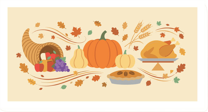Thanksgiving Harvest Festival Banner Featuring Roasted Turkey, Pumpkin Squashes, Cornucopia Horn of Plenty, and Baked Autumn Pie Vectors