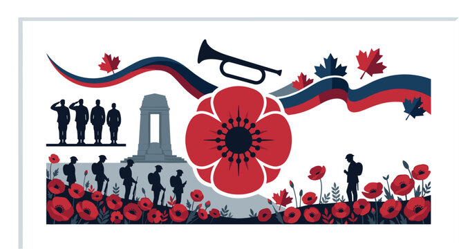 Canada Remembrance Day Patriotic Banner Featuring Red Poppy Flower, Military Soldier Silhouettes, Cenotaph Monument, and Bugle Trumpet