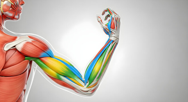 Anatomy of human arm muscles flexing with colorful differentiation of muscle groups.