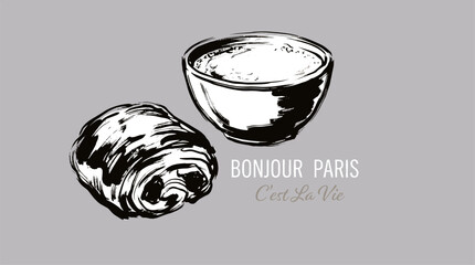 Bonjour Paris. Pain au chocolat and coffee bowl. French breakfast vintage design. Cest la vie graphic print. © rahel lila