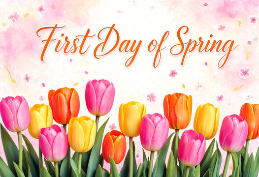 Bright colorful tulips celebrating the first day of spring with beautiful floral background design
