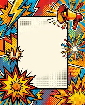 Comic Pop Art Speech Bubble Background with Megaphone, Halftone Dots and Explosive Burst Frame for Promotional Announcement