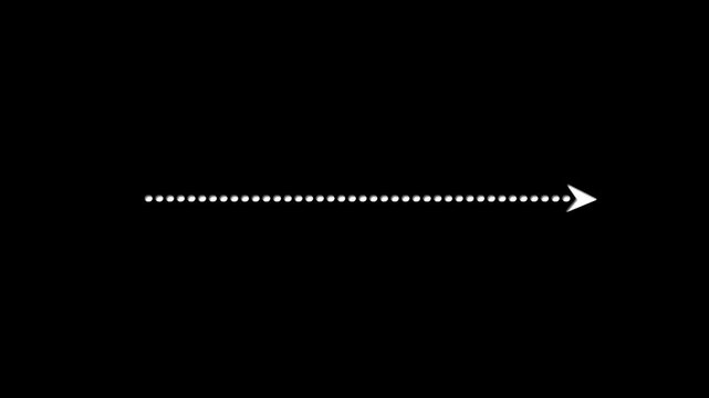 Animated white circle dotted arrow moving right  on black background, for business growth, and success concepts.