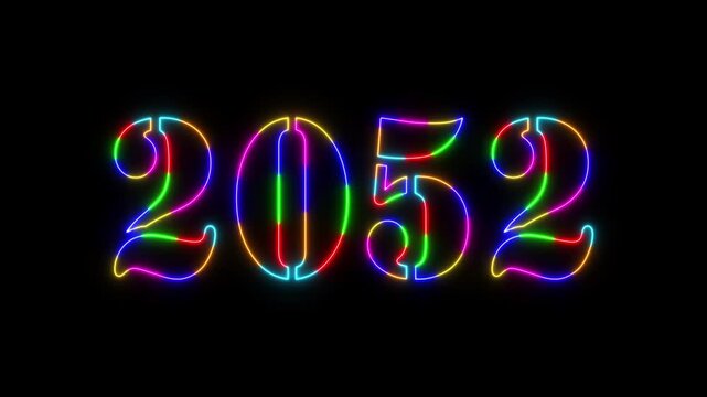 Abstract 2052 neon colourful text animation ,For neon colourful Glowing neon number text background 4k video animation .Digital font against a dark background with neon line looping animation.