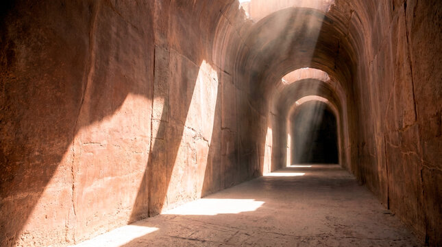 Empty ancient stone tunnel illuminated by a dramatic beam of sunlight