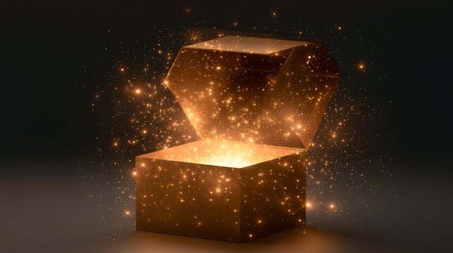 Golden treasure box with sparkling particles on dark background