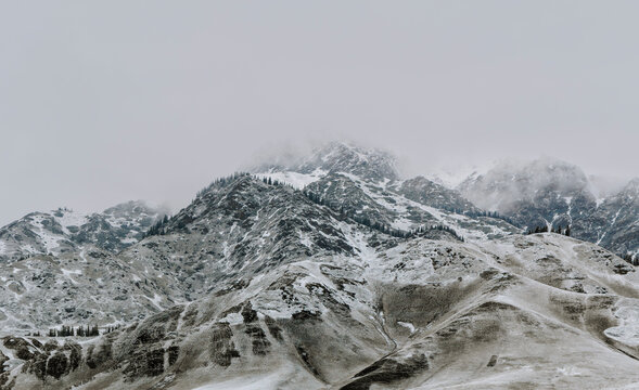 Misty Winter Mountains in Ink Tones: A Cloud-Veiled Landscape.