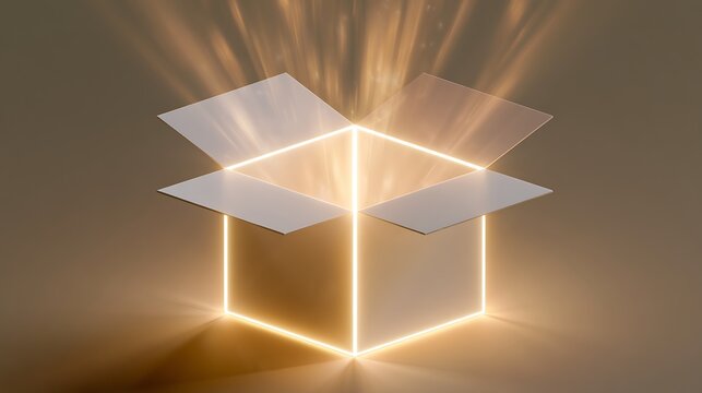 open cardboard box with glowing light rays shining out