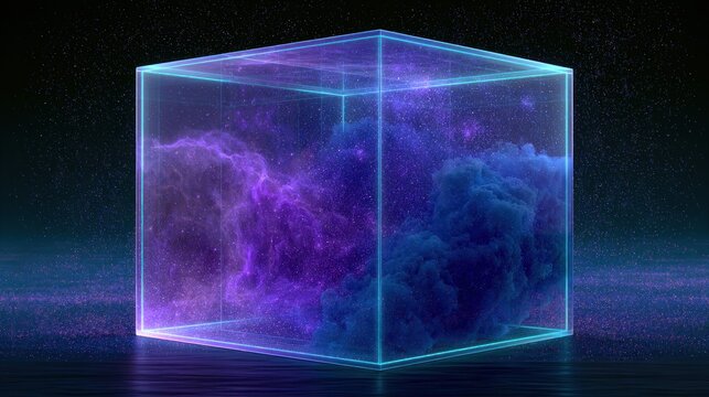 Glowing neon cube with internal cosmic purple nebula.