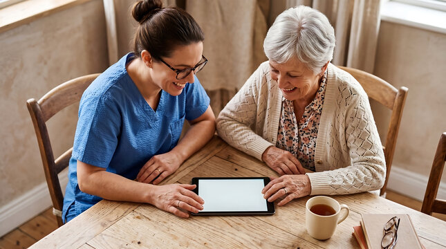 Friendly Caregiver Teaching Senior Technology to an Elderly Woman Using a Digital Tablet at Home