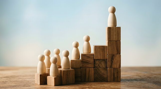 Wooden blocks staircase with peg people representing growth and achievement