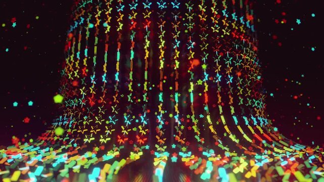 Seamless VJ loop with glowing neon stars abstract structure and psychedelic motion for high-tech club visuals, electronic music festivals, stage screens and for LED video walls
