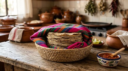 Obraz premium Stack of fresh warm corn tortillas in a woven basket
