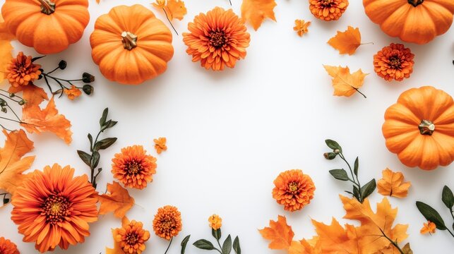 Autumnal flat lay with pumpkins, flowers, and leaves on white background.