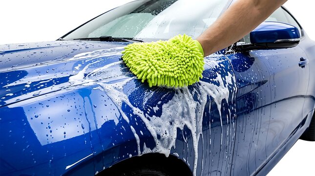 A person washing a blue car with a bright green microfiber wash mitt