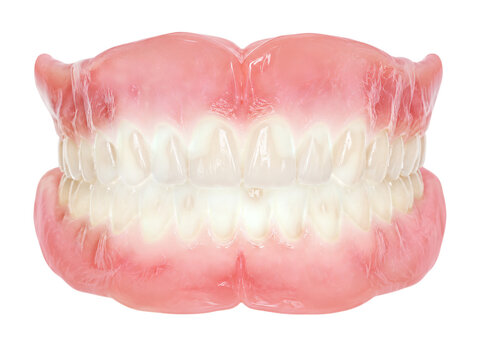 Full set of dentures with pink gums and white teeth isolated on a transparent background