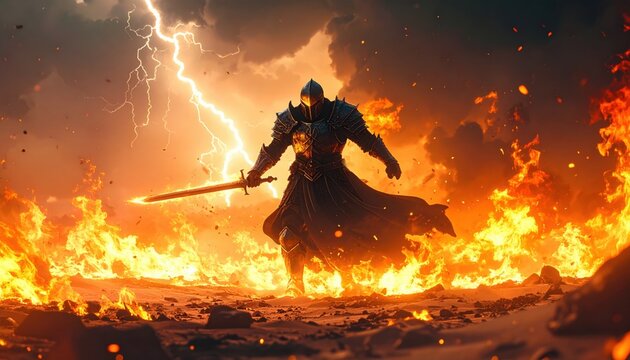 Armored knight wielding a sword, striding through raging flames with lightning illuminating the stormy sky in an epic fantasy battle setting