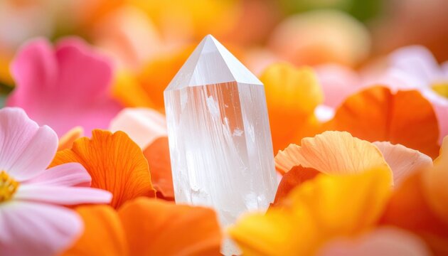 Clear quartz crystal among vibrant flowers symbolizing healing energy spirituality wellness and the connection between earth beauty and holistic lifestyle trends