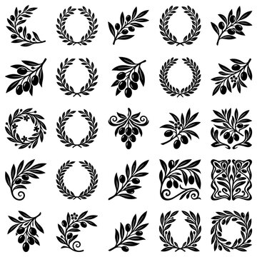 Olive branch and wreath collection for design with silhouette, mediterranean